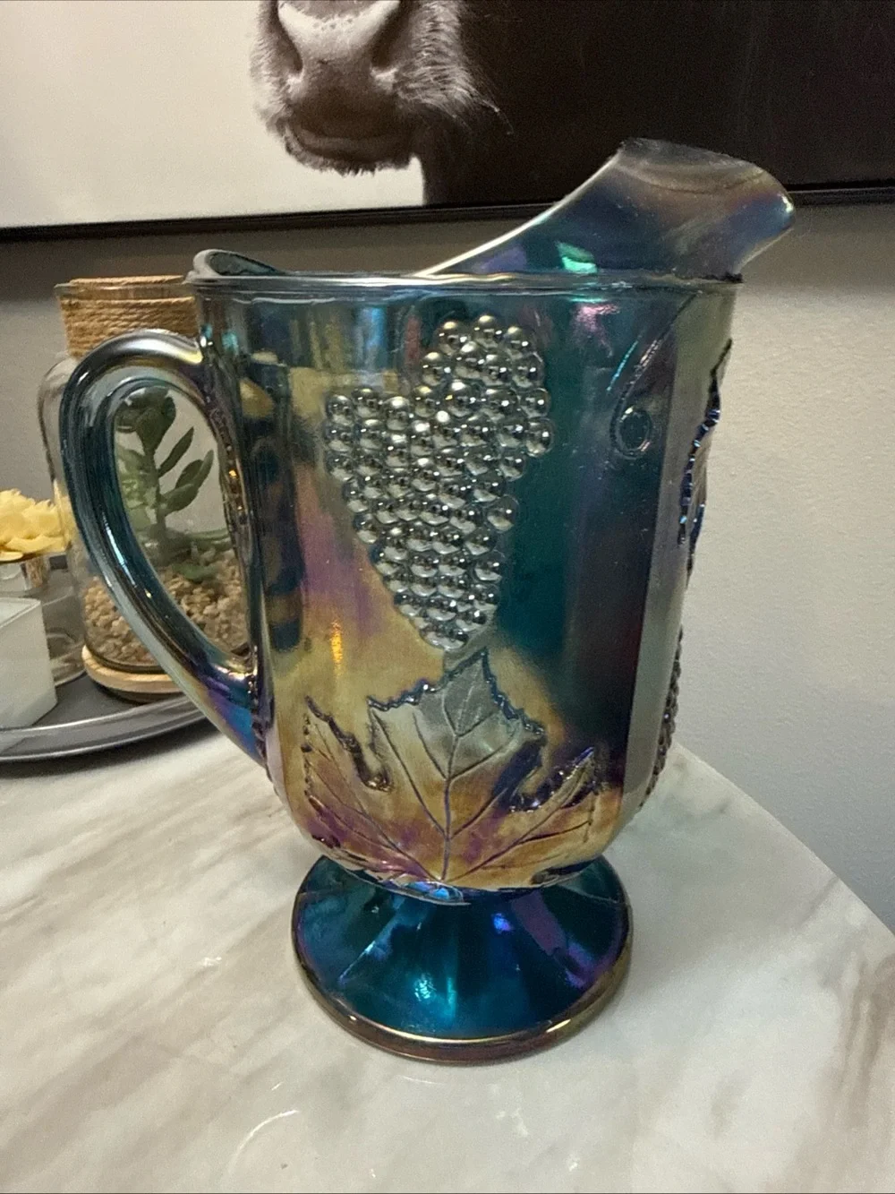 Vintage blue depression glass pitcher embossed grapes pattern